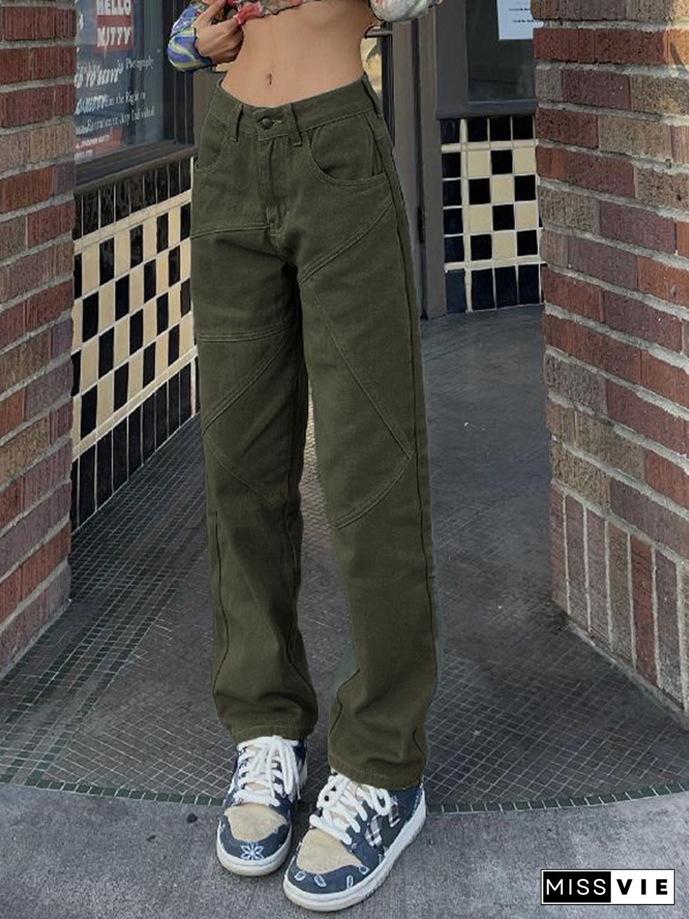 Retro Olive Green Splice Slim Jeans