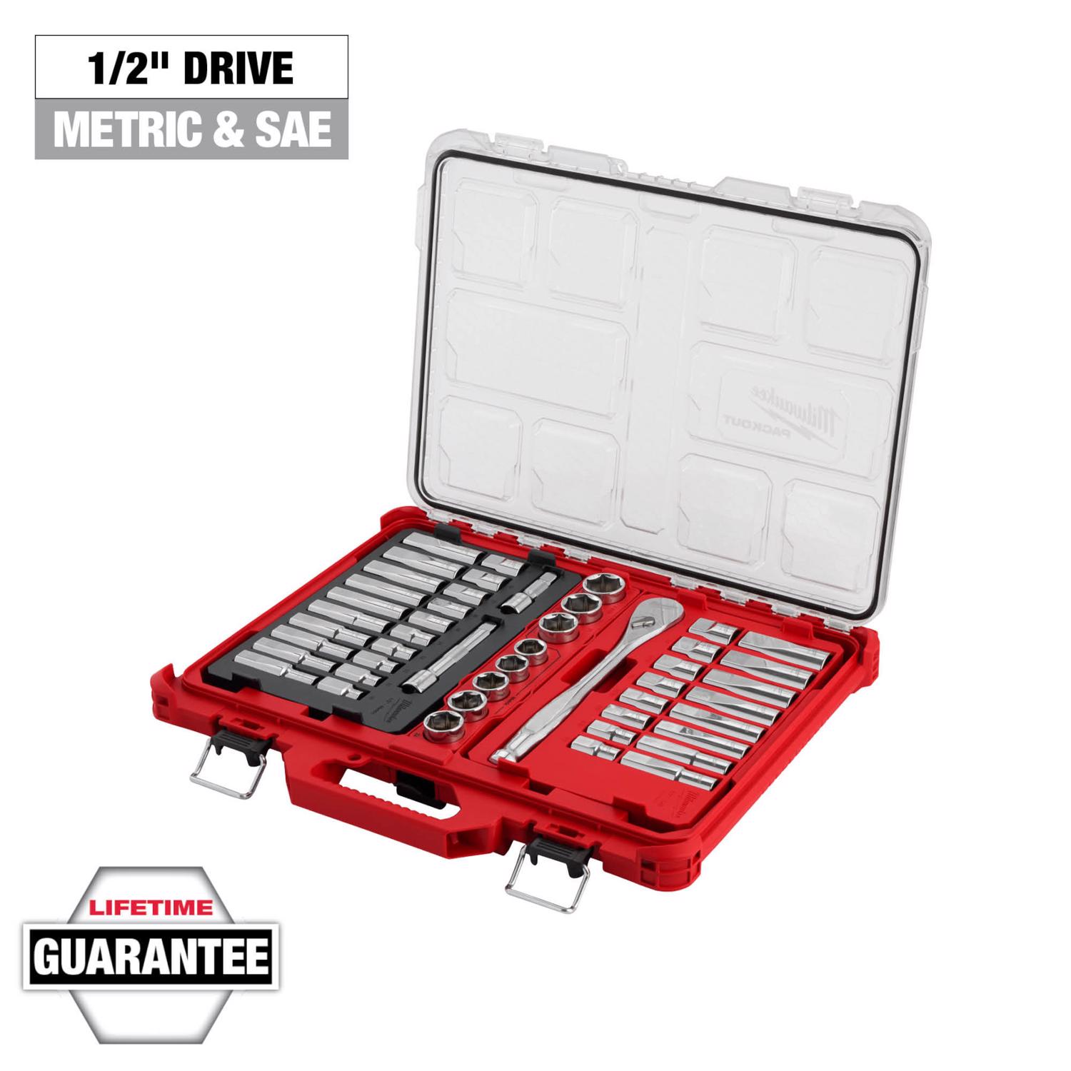 MW Packout 1/2 in. drive Metric/SAE 6 and 12 Point Standard Socket and Ratchet Set 47 pc