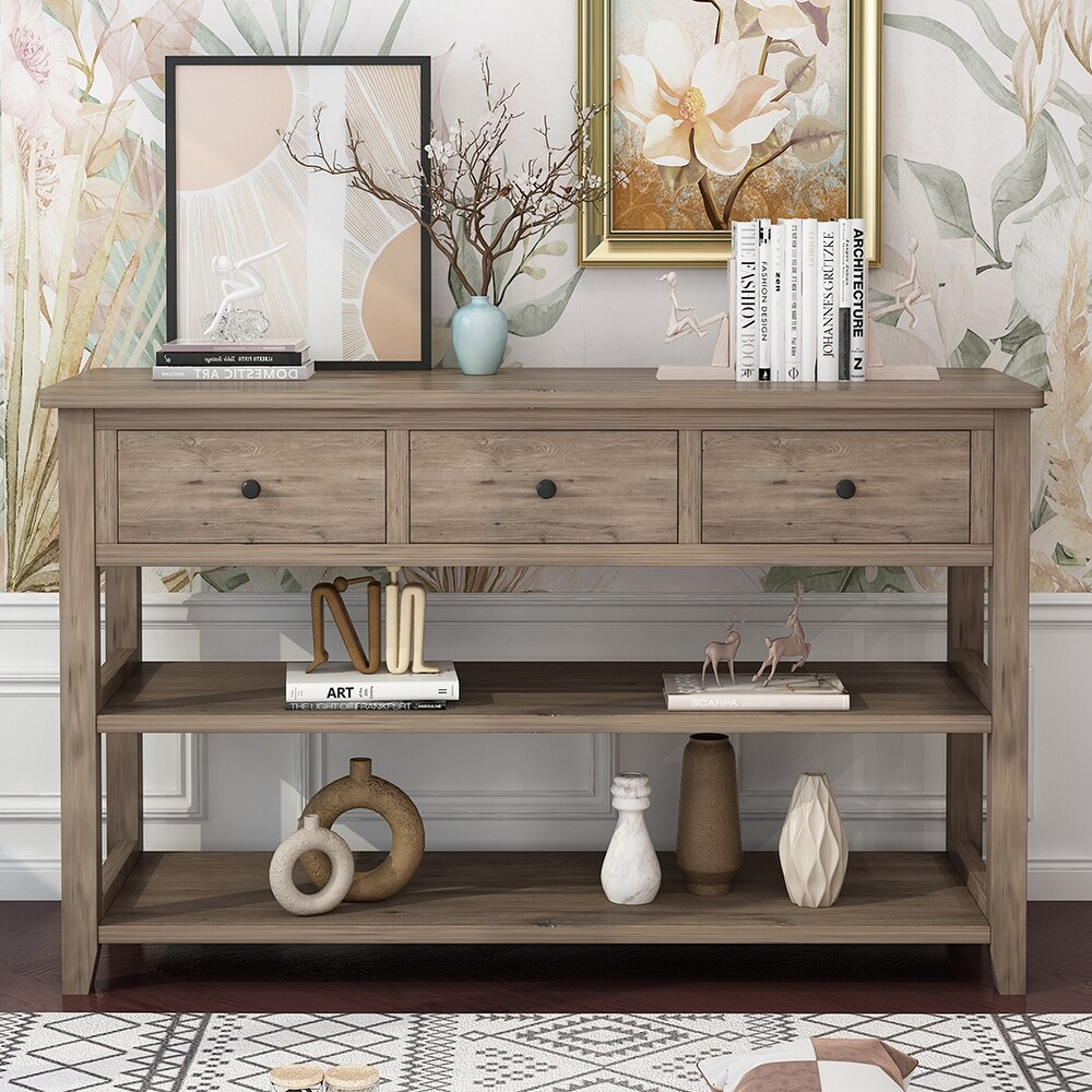 Wooden Console Table with 3 Drawers and 2 Open Storage Shelves