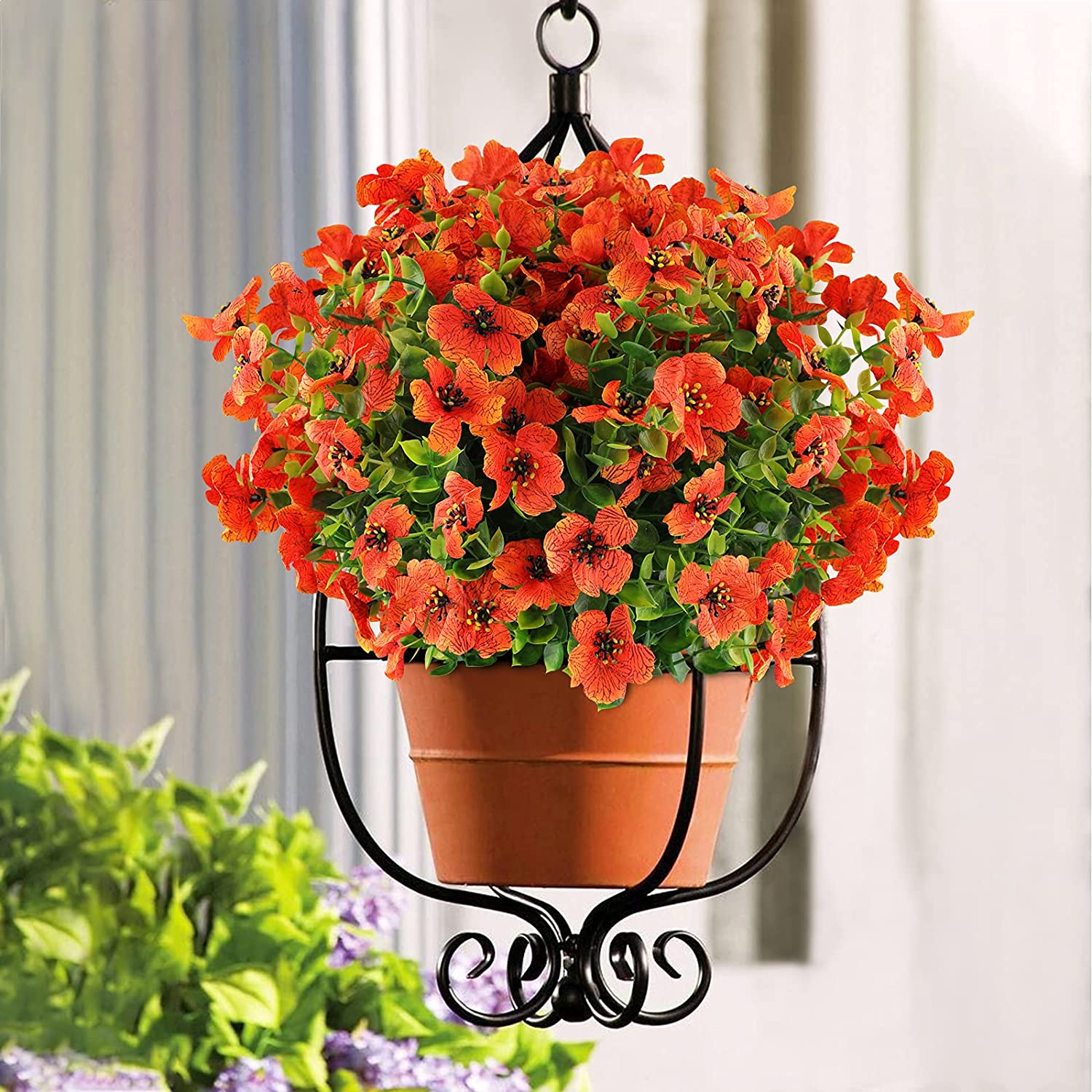 GRNSHTS 6 Bundles Artificial Flowers UV Resistant Fake Plants Outdoor Faux Plastic Flowers Garden Window Box Porch Home Decor (Orange Red)