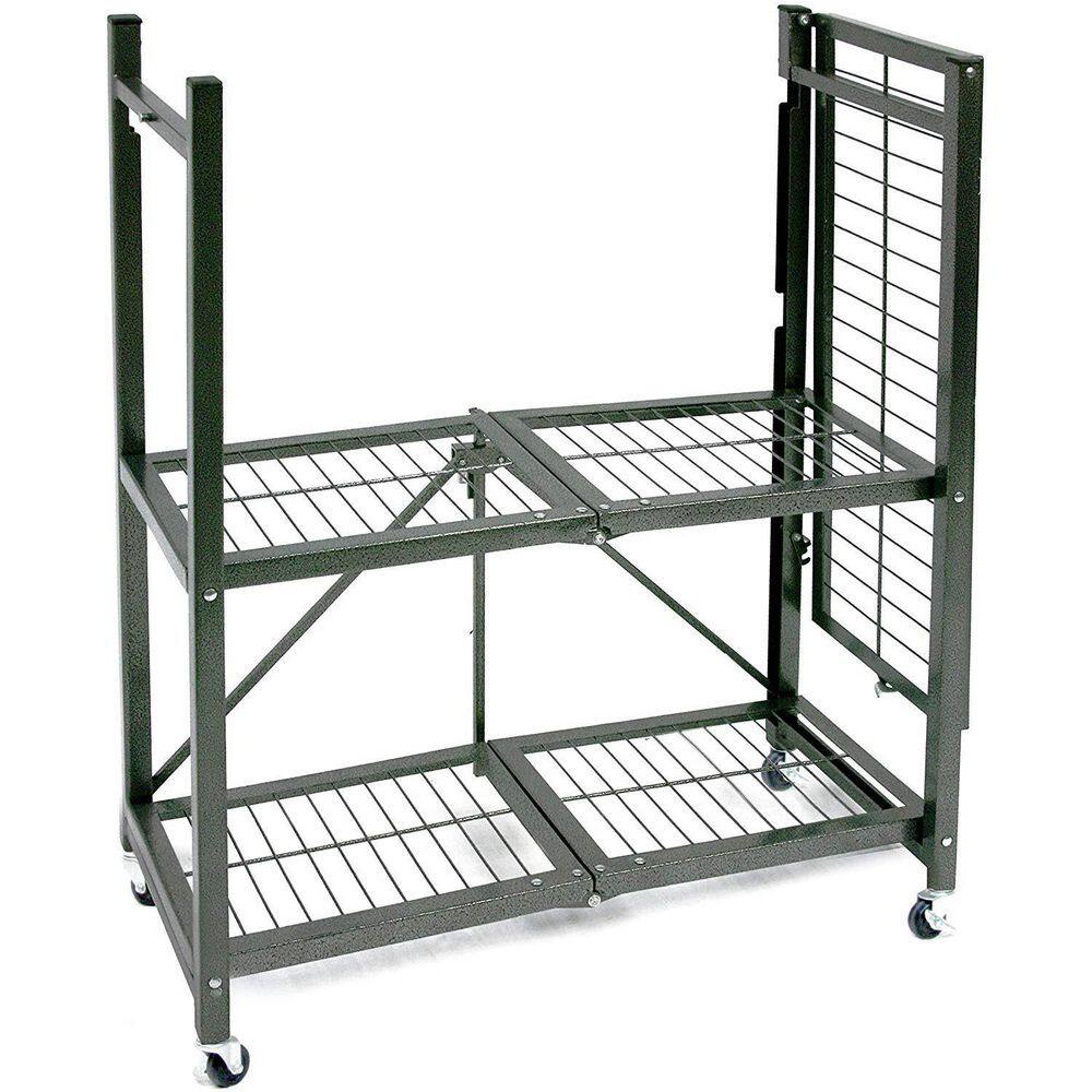 Origami Metal 35.4 x 13.3 x 28.75 in. R3 General Purpose Foldable 3-Tiered Shelf Storage Rack  Wheels Pewter R3-01W