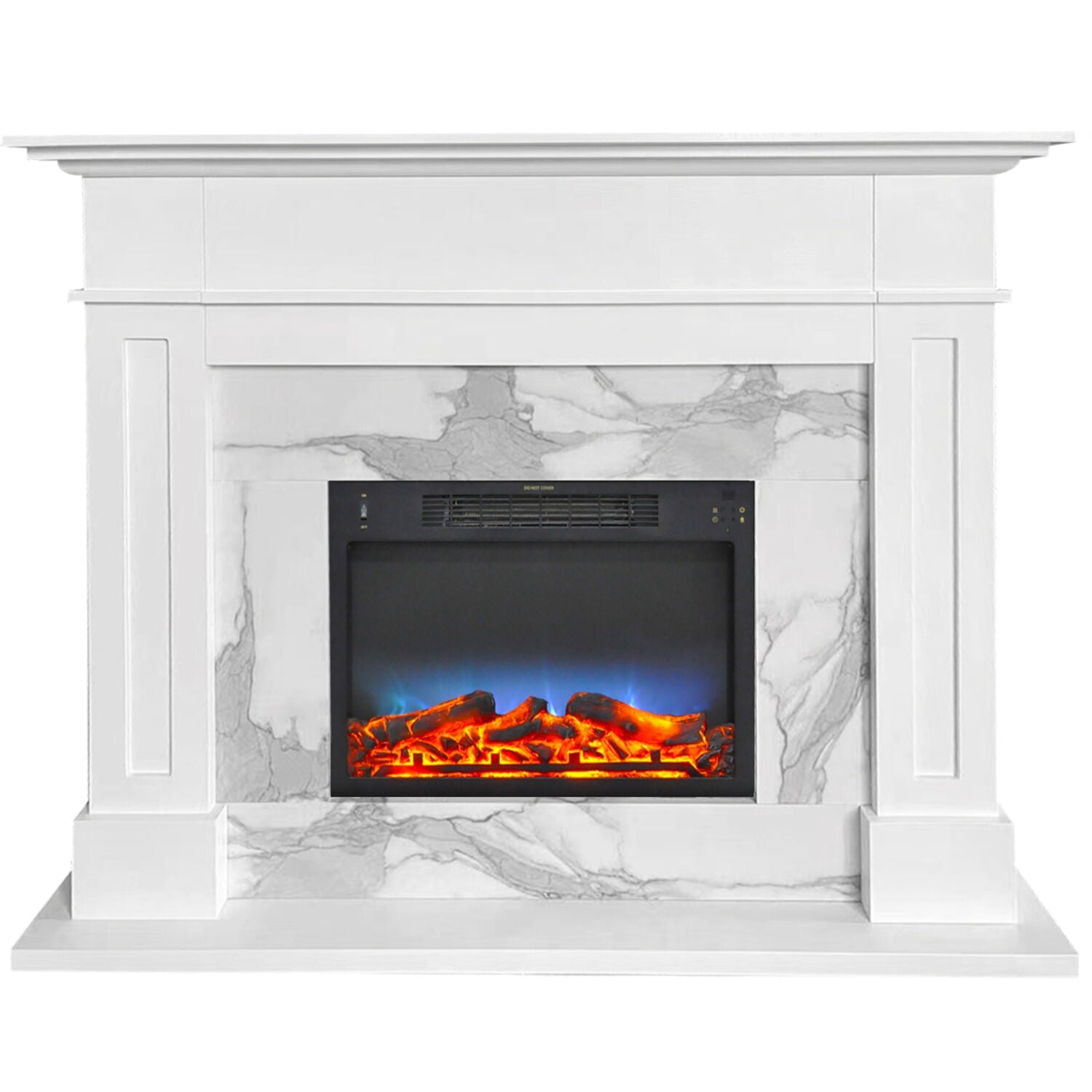 Sofia Cambridge 57-In. Modern Indoor Electric Fireplace Mantel with Multi-Color LED Log Insert and Remote Control | White Faux Marble | Heating for Living Room, Dining Room, Bedrooms up to 210 Sq.Ft.