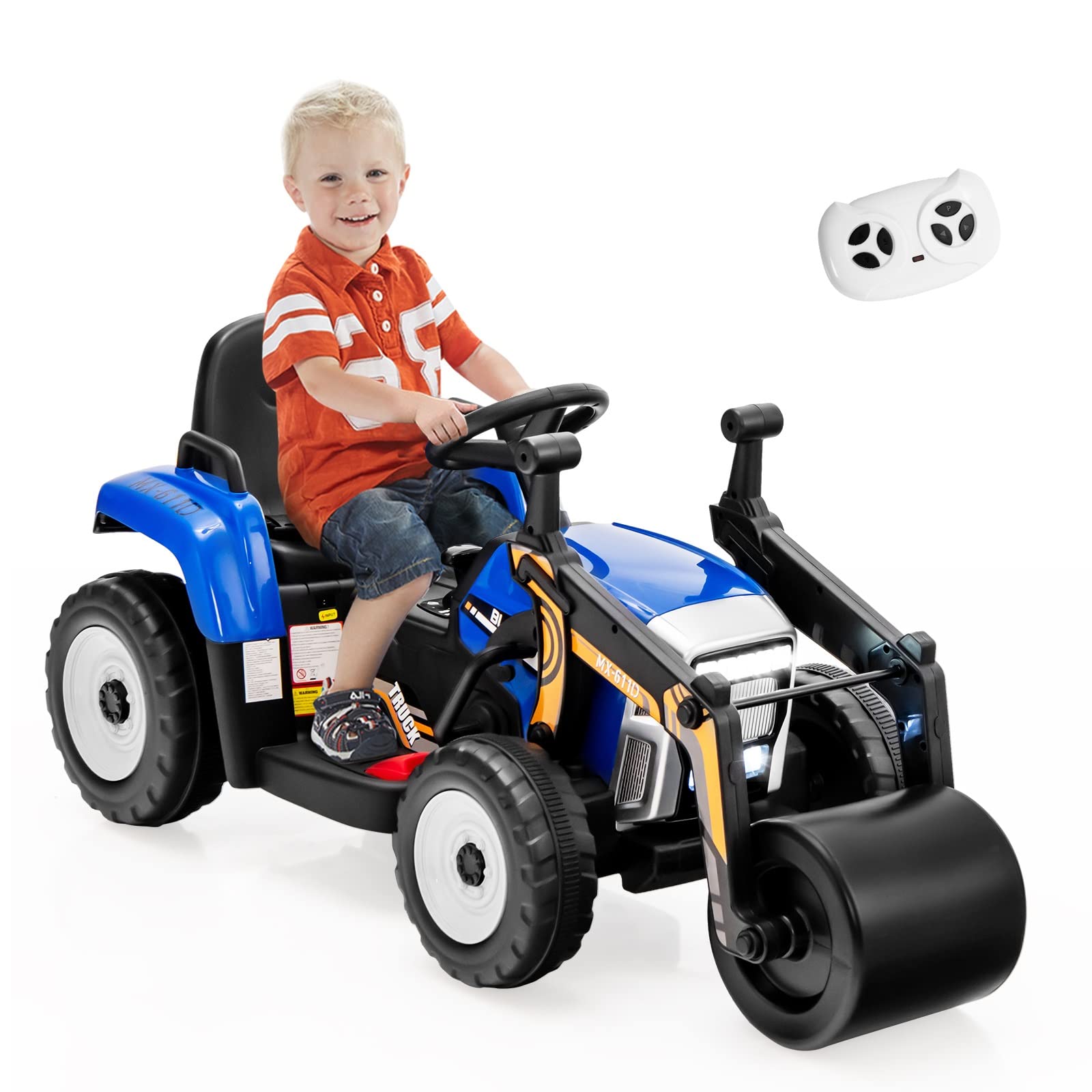 Costzon Ride on Car, 12V Road Roller with Remote Control, Battery Powered Electric Tractor