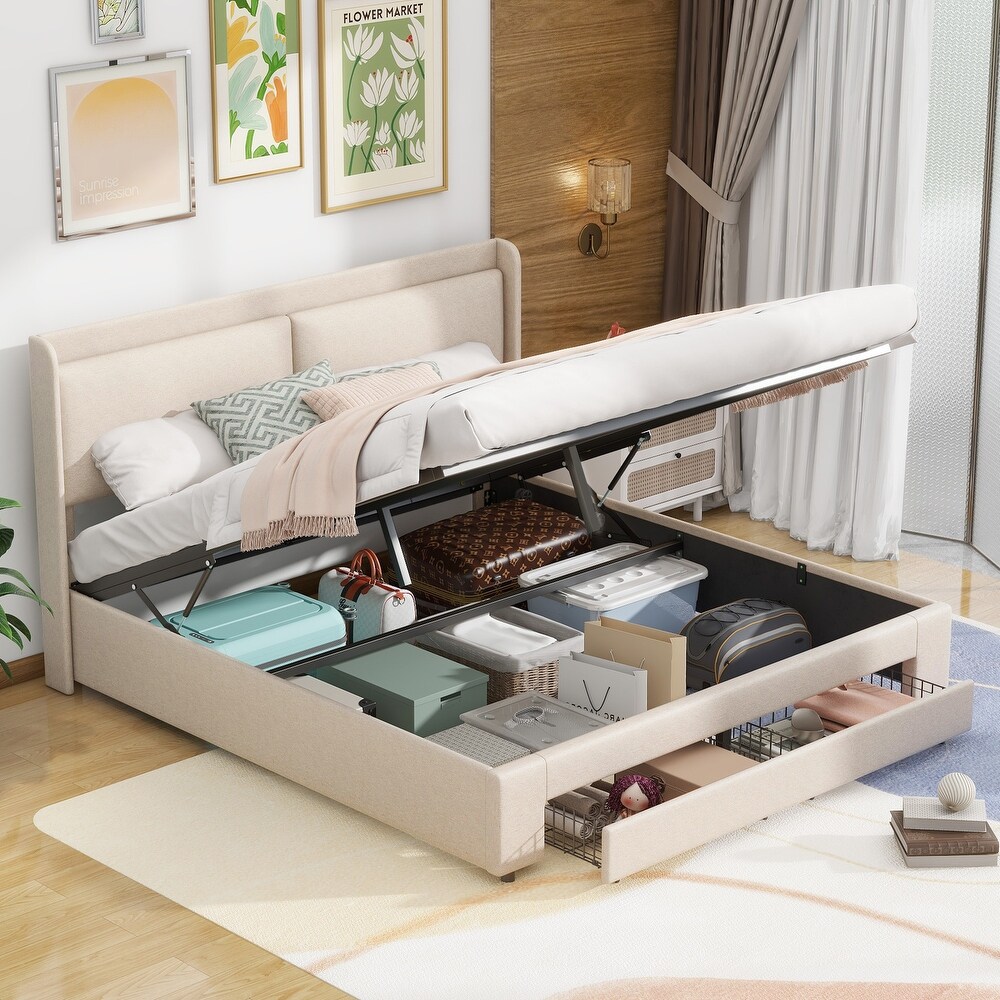 Queen Size Lift Storage Bed Platform Bed with 2 Drawers  Queen Size Bed Frame with Hydraulic Storage System