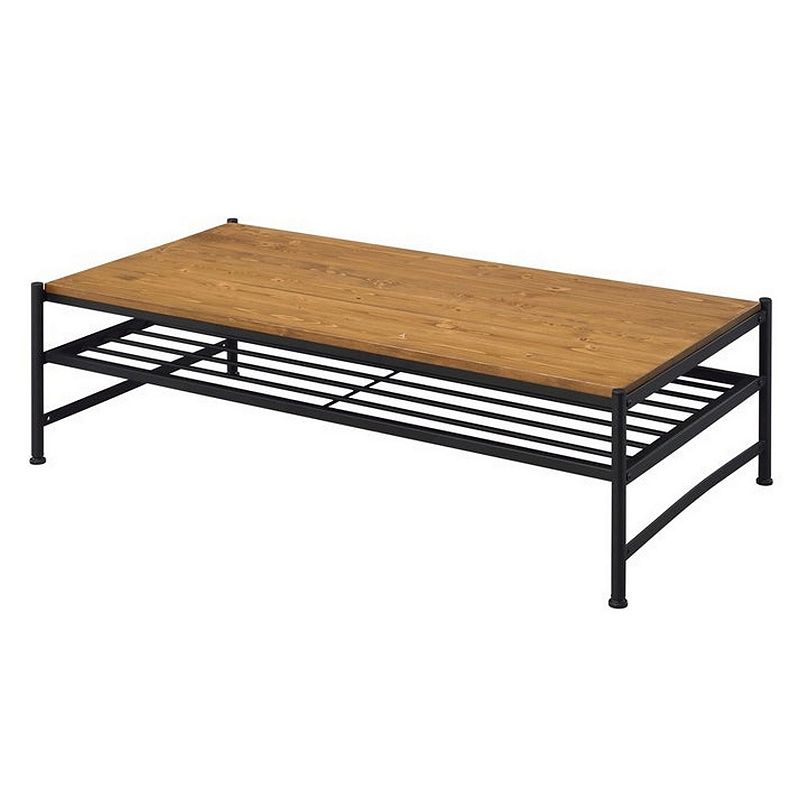 Metal and Wood Coffee Table with Slatted Bottom Shelf，Brown and Black