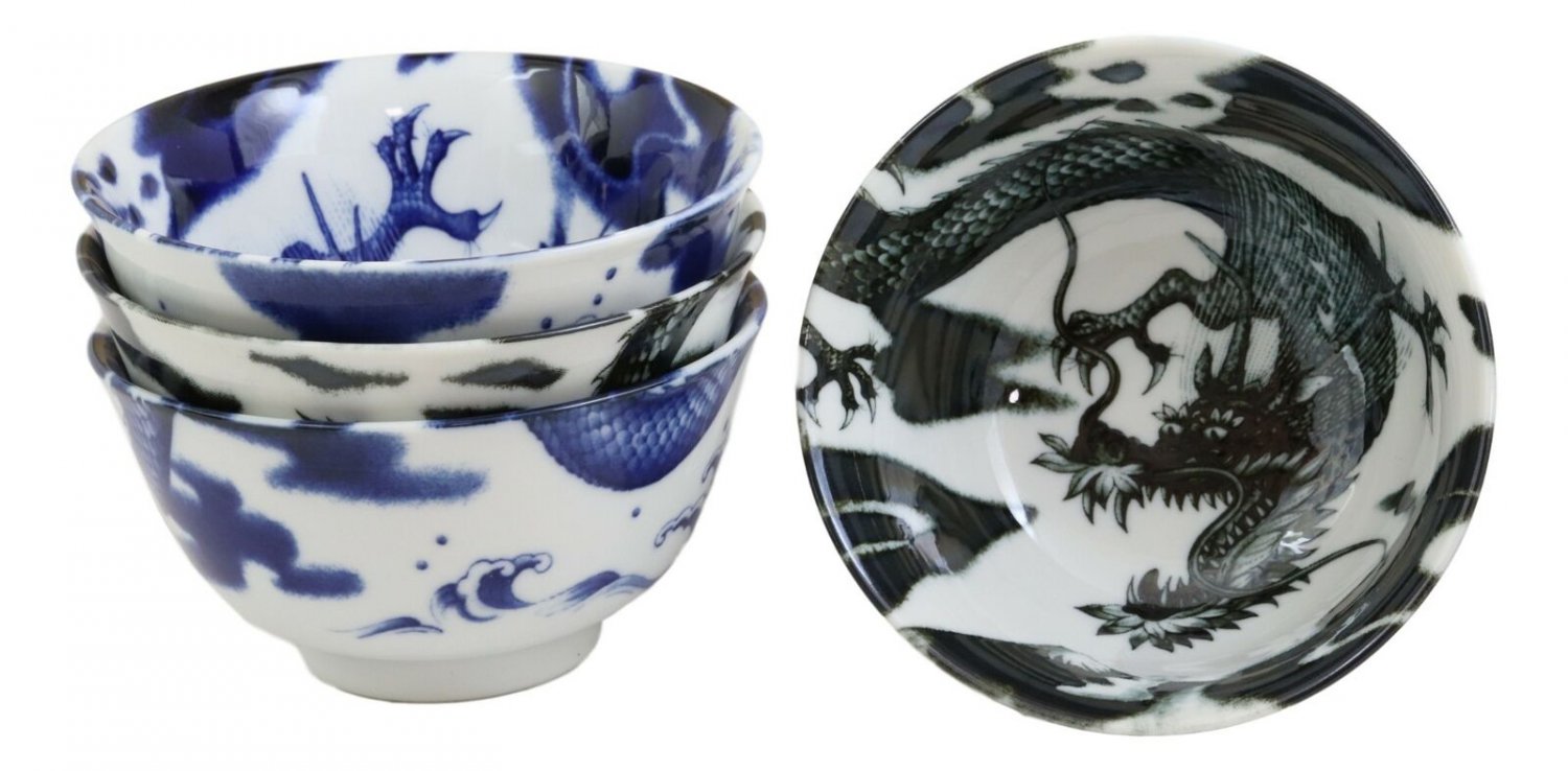 1 Blue And Black Oriental Dragons Ceramic Bowls Pack Of 4 Soup Bowl EBR02