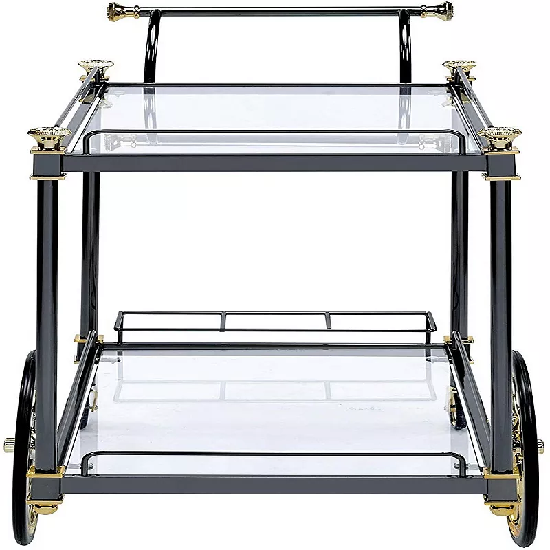 Metal Framed Serving Cart with Glass Shelves and Side Handle， Black and Gold