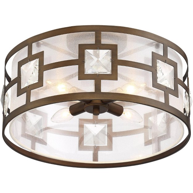 Wide Warm Bronze 3 light Crystal Organza Drum Shade For Living Room