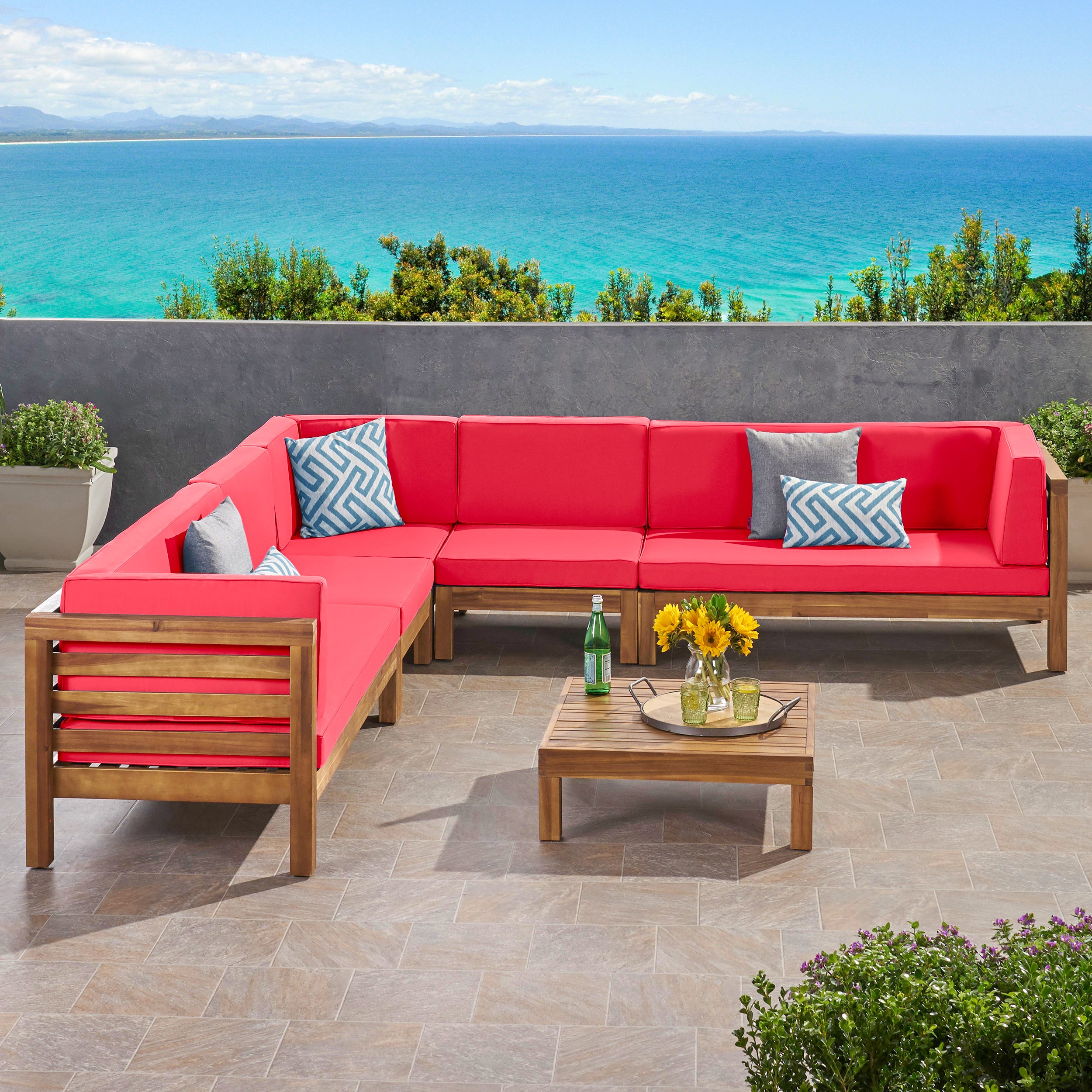 Emma Outdoor 7 Seater Acacia Wood Sectional Sofa Set