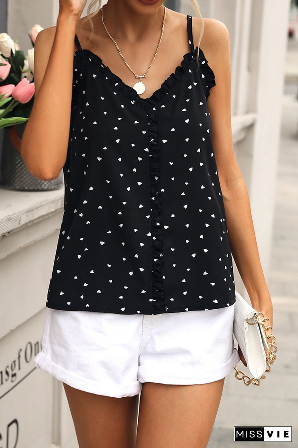 Heart Print Ruffles Strap Vest Tank Top Wholesale