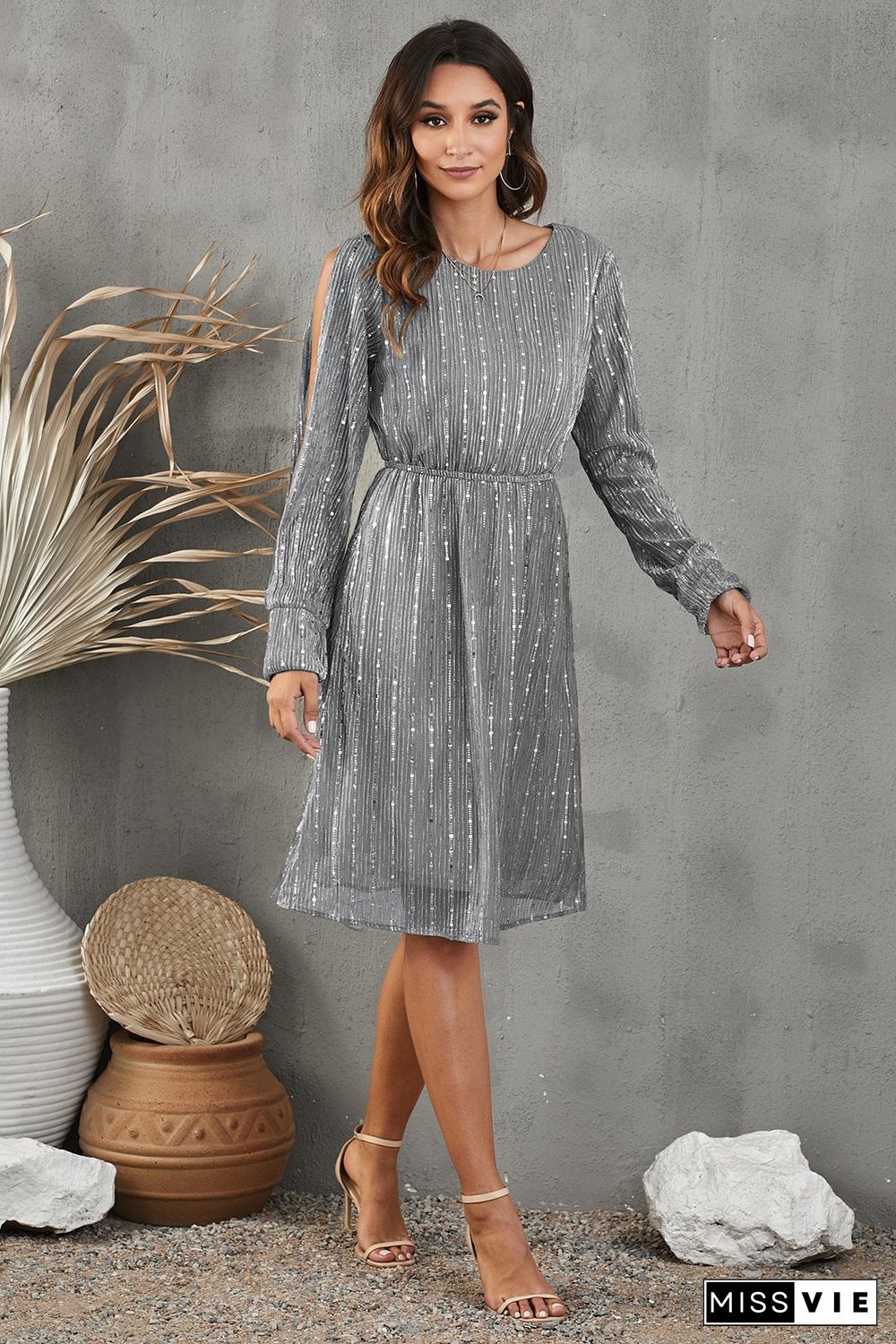 Gray Sequin Split Sleeve Midi Dress