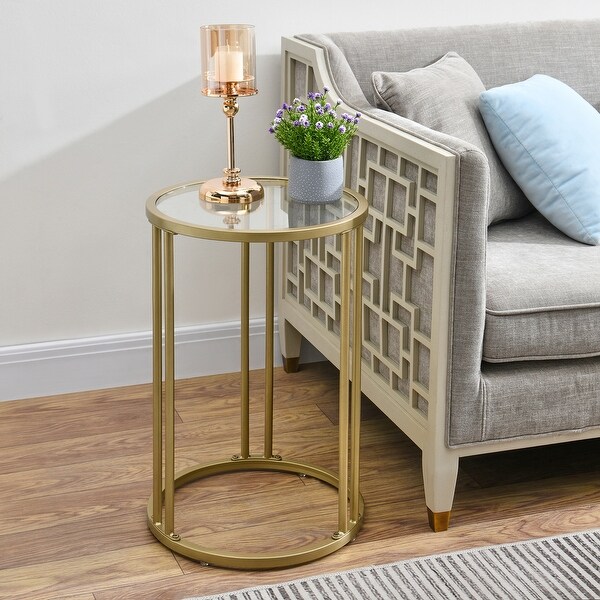 Gold Glass End Table with Metal Frame Round Side Table