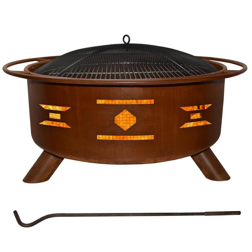 Mosaic 29 in. x 18 in. Round Steel Wood Burning Fire Pit in Rust with Grill Poker Spark Screen and Cover F101