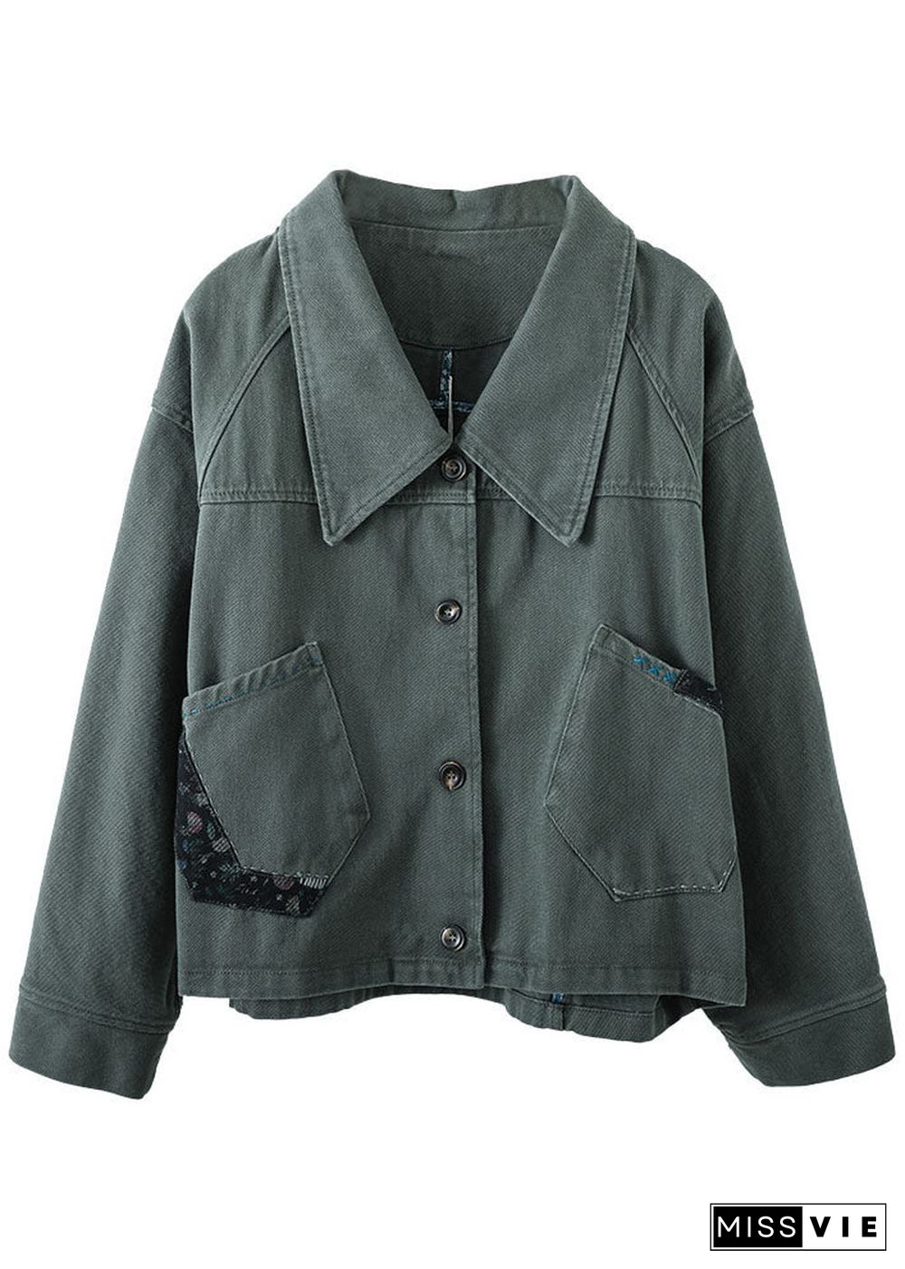 Vintage Green Button Patchwork Pockets Fall Denim Coat