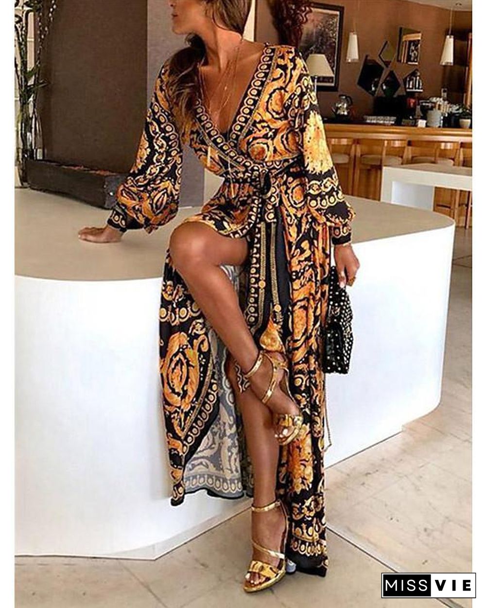 Women's Wrap Dress Maxi long Dress - Long Sleeve Other Print Spring & Summer Deep V Hot Boho Holiday Going out Beach  Yellow S M L XL XXL 3XL / vacation dresses