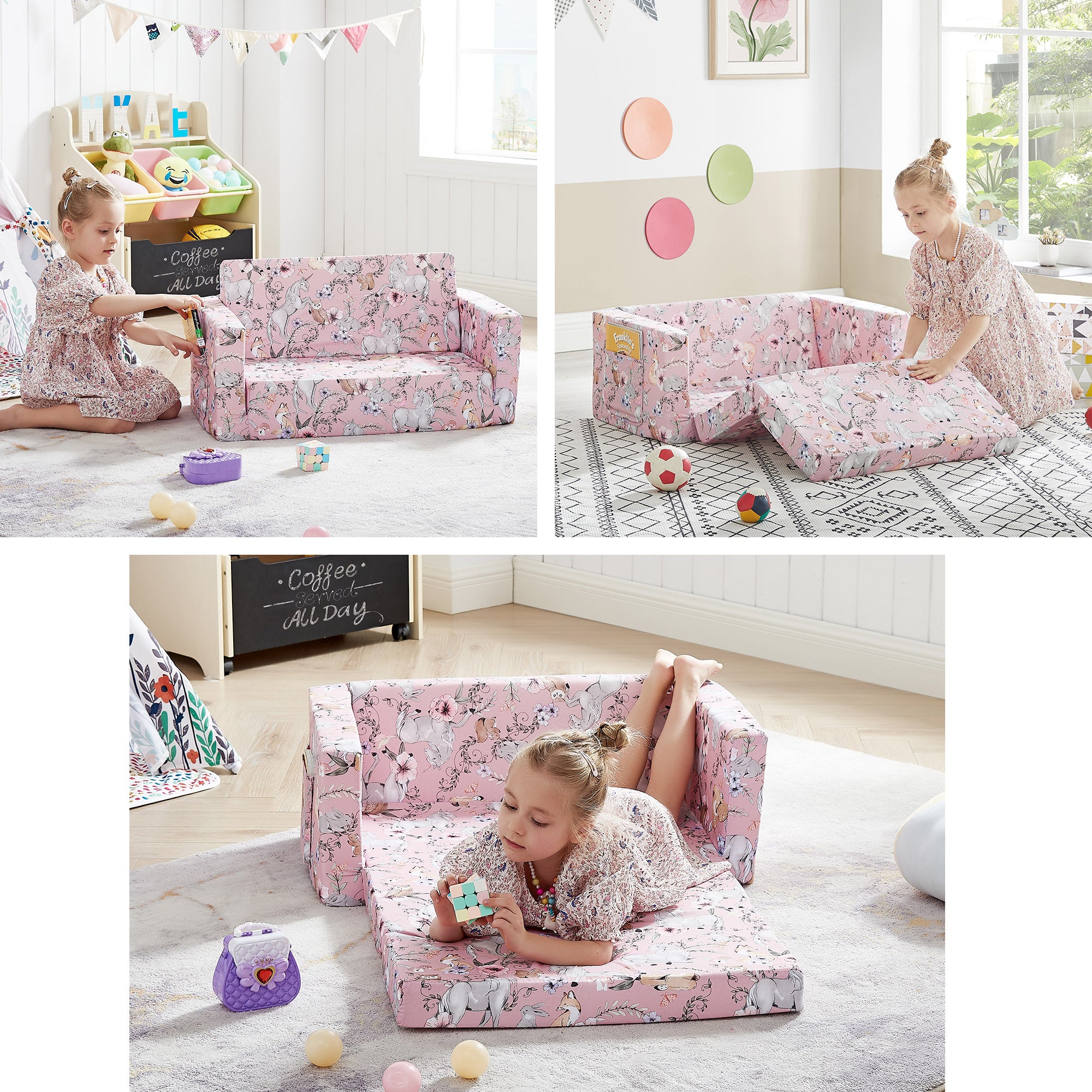 Iwicker 2-in-1 Convertible Kid Sofa to Lounger Flip Open Soft Kids Couch/Sleeper for Gift, Pink Unicorn