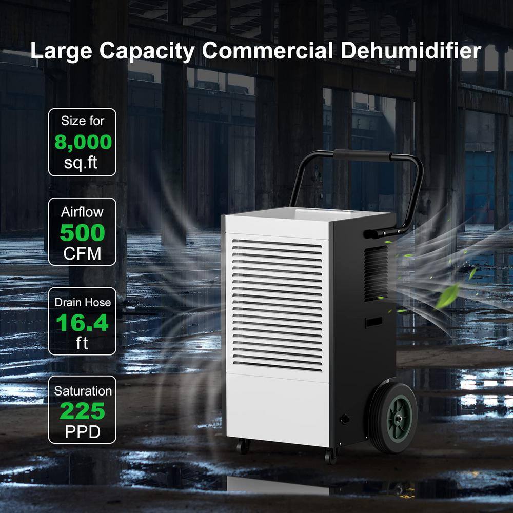 Runesay 225 pt. 8000 sq.ft. Industrial Commercial Dehumidifier in. Blacks with Handles and Wheels for Large Space DHOX90L7134