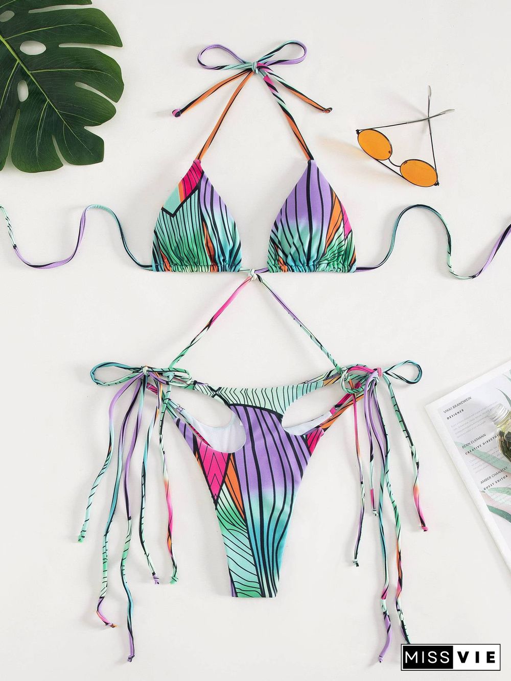 Gradient Tassels Key-hole Bikini Set