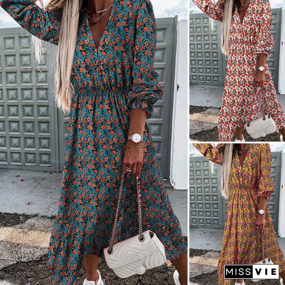 Womens Floral Printed Long Dress Long Sleeve V Neck Holiday Party Casual Pleated A Line Maxi Dress Plus Size