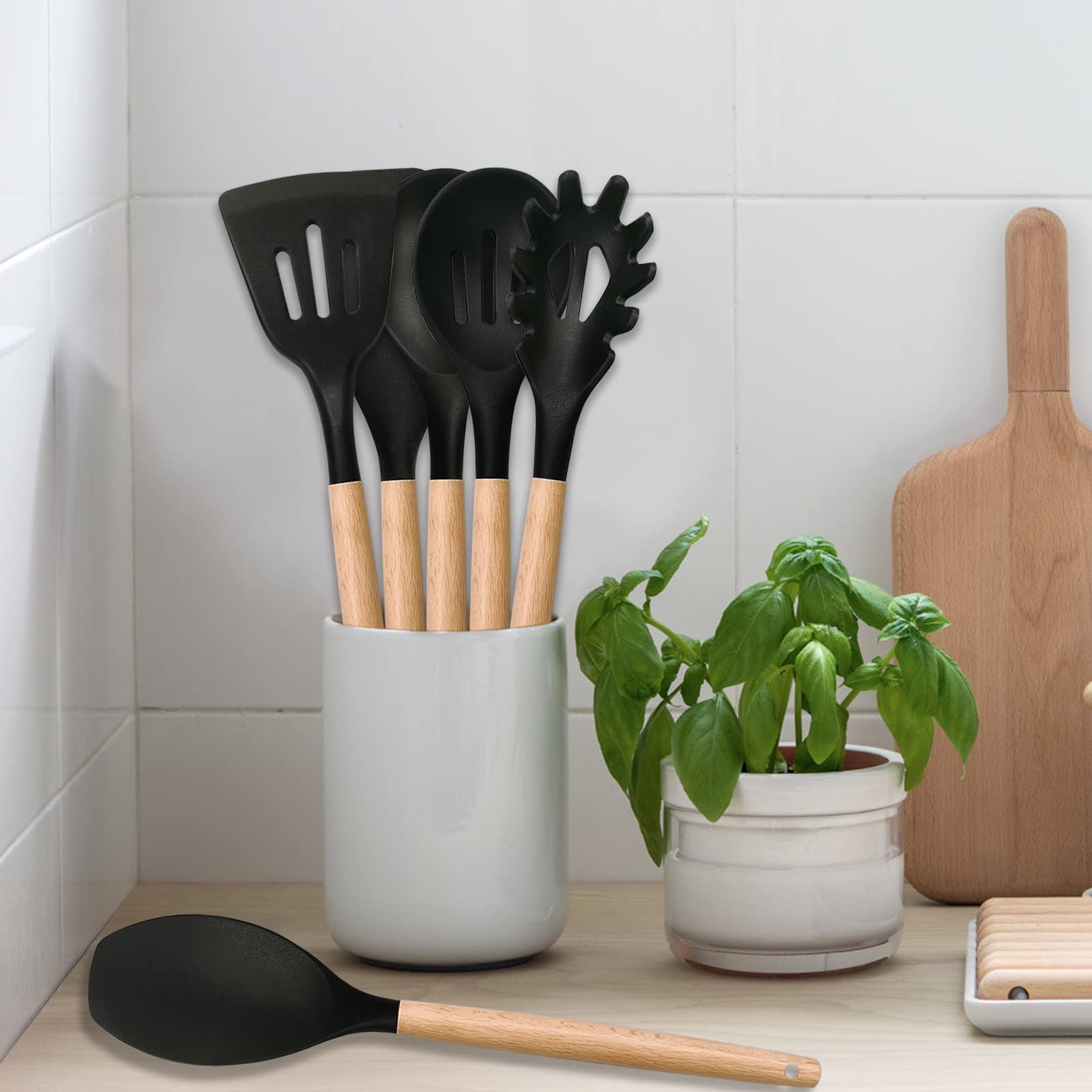 Kitchen Utensils Set of 6, E-far Silicone Cooking Utensils with Wooden Handle, Non-stick Cookware Friendly & Heat Resistant, Includes Spatula/Ladle/Slotted Turner/Serving Spoon/Spaghetti Server(Black)