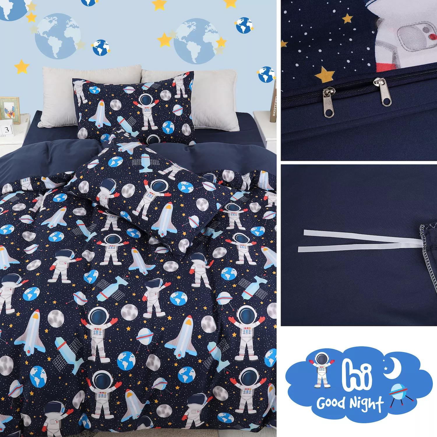 5 Piece Kids Bedding Set Polyester Microfiber Fabric Kids Duvet Cover with 2 Pillowcases Fitted Sheet Flat Sheet Space Astronaut Series Pattern Bedroom Decor for Kids Full