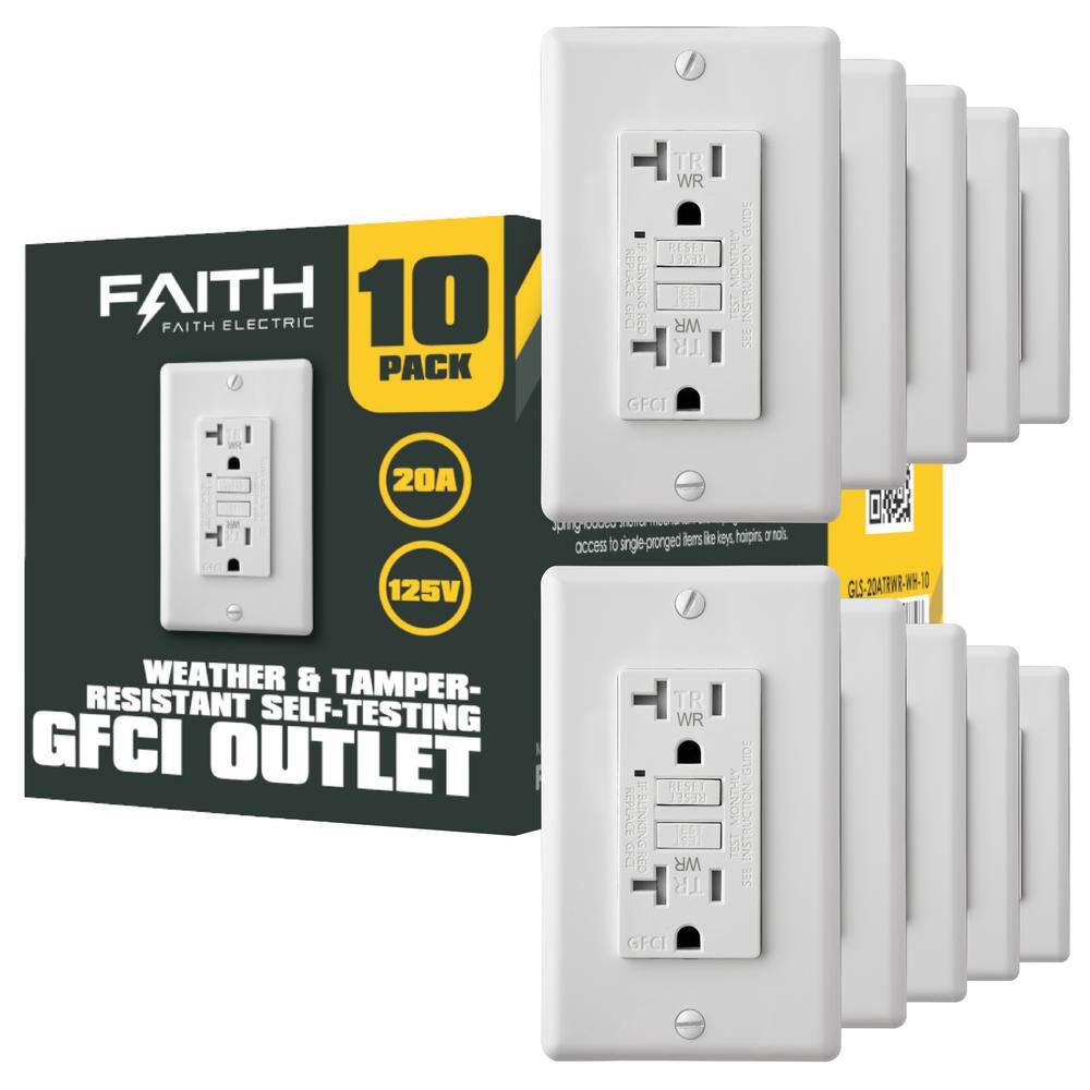 Faith 20 Amp 125-Volt Outdoor GFCI Duplex Outlet Weather and Tamper-Resistant GFI Receptacles LED Indicator White (10-Pack) GLS-20ATRWR-WH-10