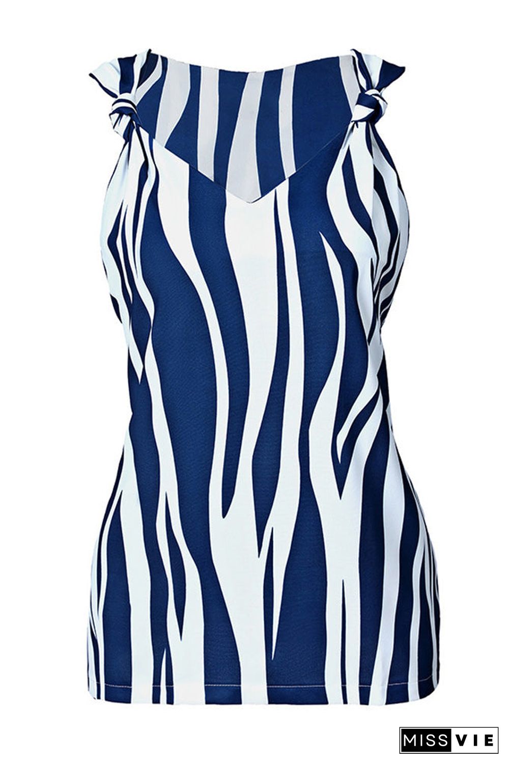 Blue Abstract Striped V Neck Knotted Straps Tank Top