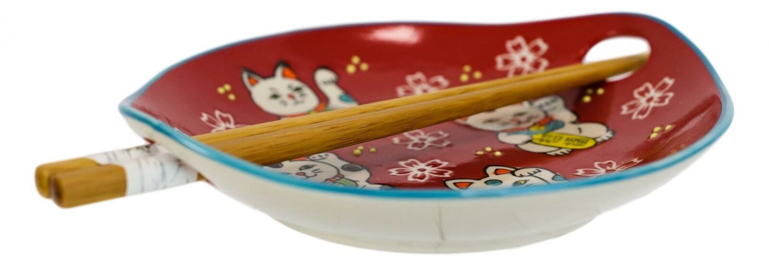 1 Red Maneki Neko Lucky Cats Appetizer Coupe Plate Flat Bowl With Chopsticks Set EBR02