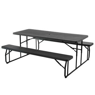 Gardenised 6 ft. Black Outdoor Foldable Woodgrain Picnic Table Set with Metal Frame QI004269.BK