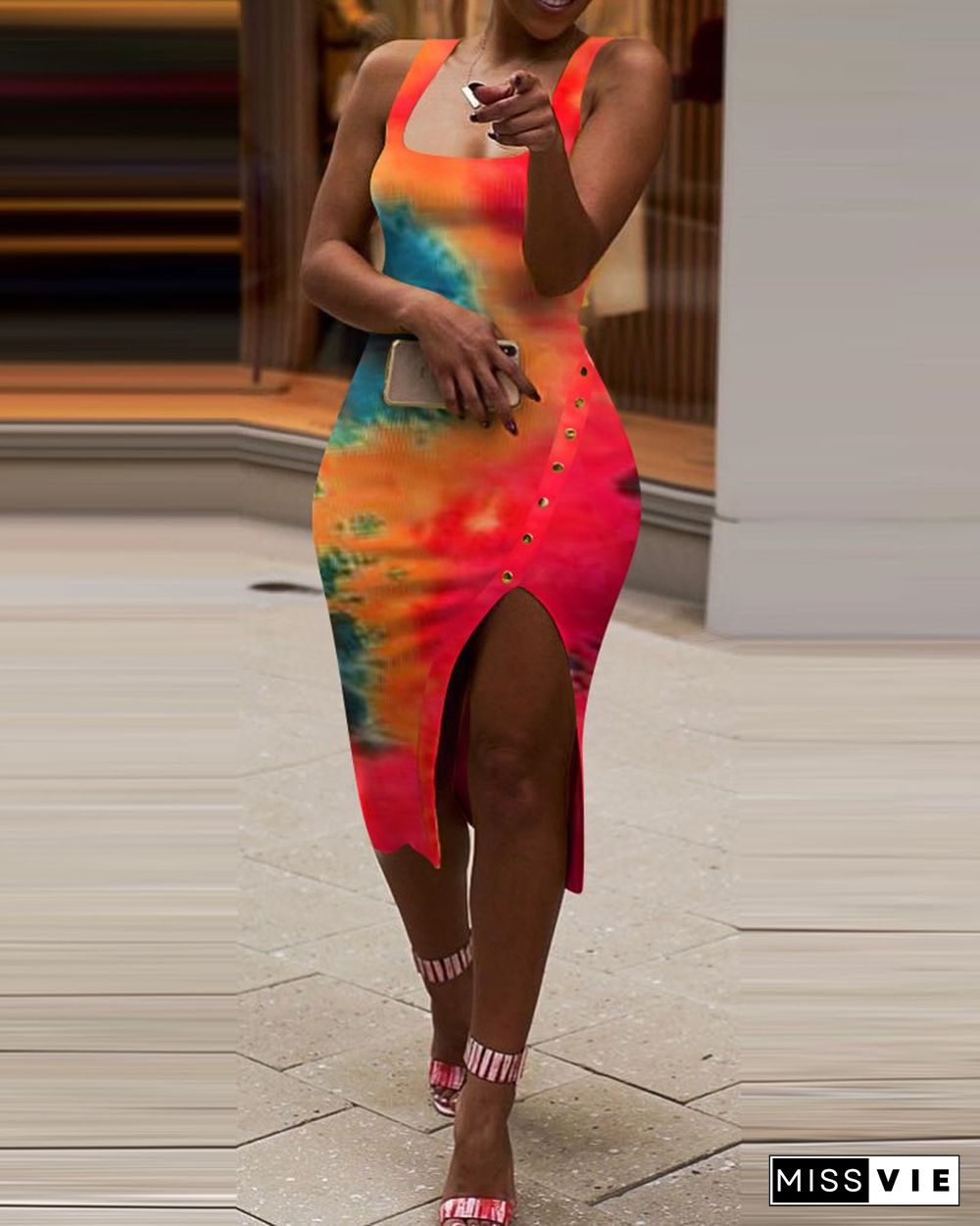 Rivet Decor Tie Dye Print Slit Thick Strap Dress