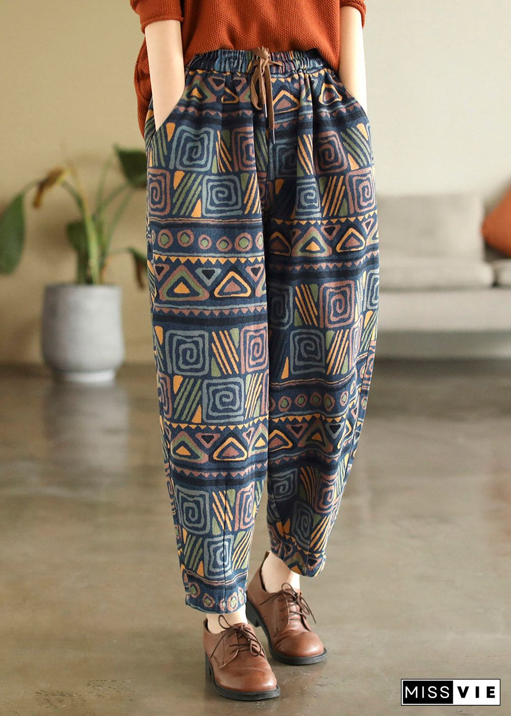 Bohemian Print Tie Waist Cotton Beam Pants Summer