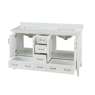 Home Decorators Collection Dennick 60 in. W x 22 in. D x 34.5 in. H Double Vanity in White with Engineered Carrara Marble Top and White Sinks TJ-0213V6022WH