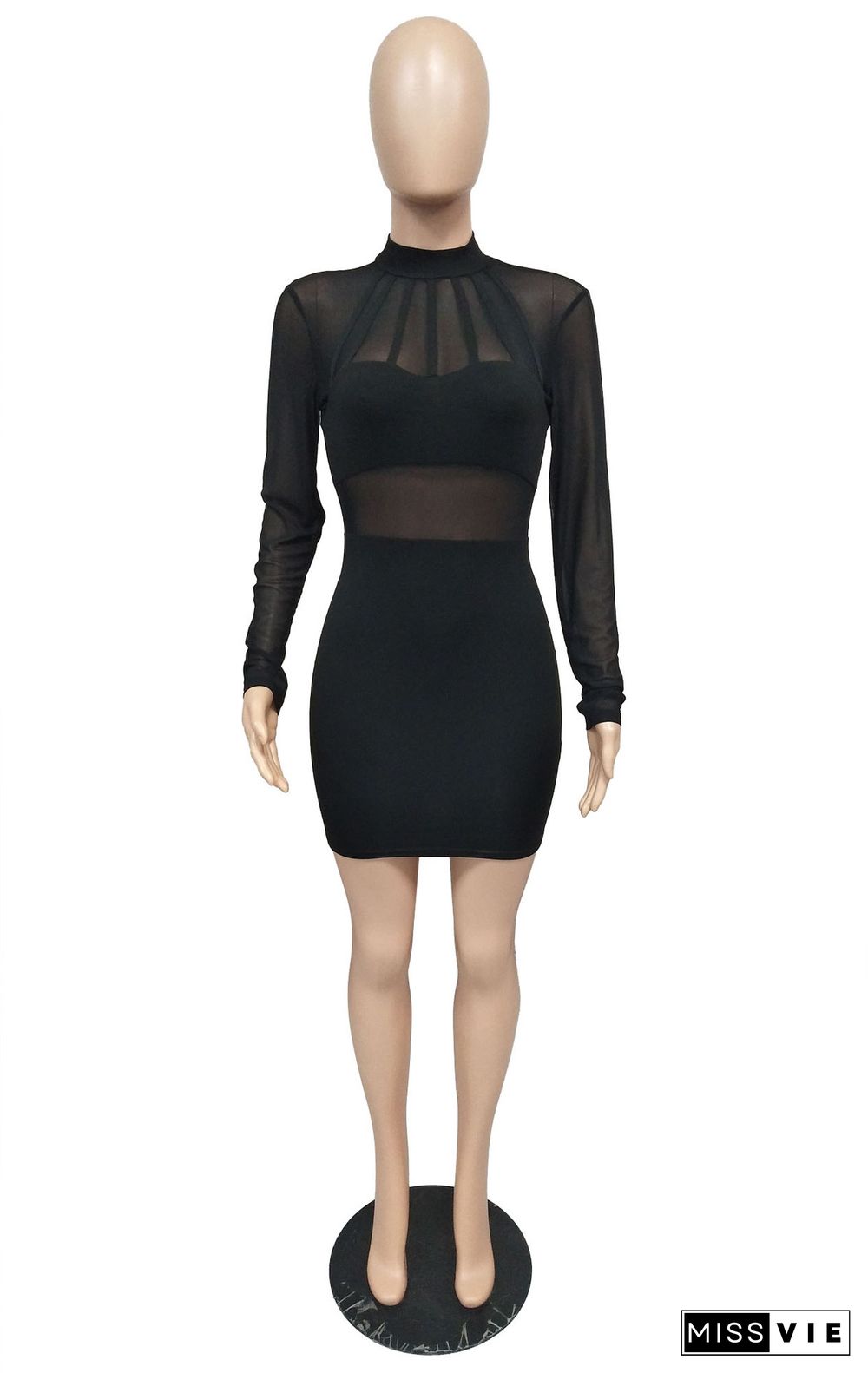 Elegant Mesh Gauze Stitching Long Sleeve Bag Hip Bodycon Dress