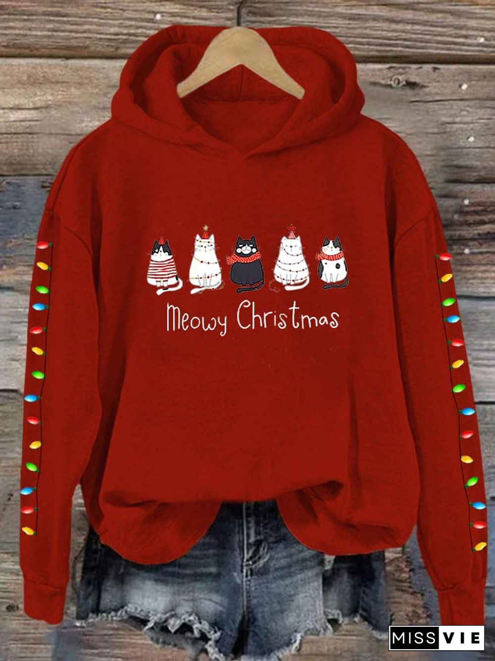 Women's Meowy Christmas Merry Christmas Cat Lover Lantern Printing Casual Hoodie