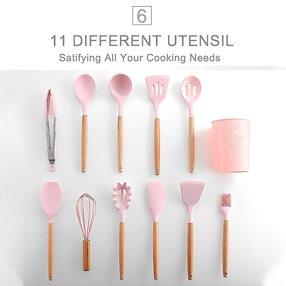 Kitchen Utensils Set 11pcs Silicone Non-stick Barreled Cooking Utensils Set Silica Gel Utensil Wooden Handle Kitchenware Set Pink