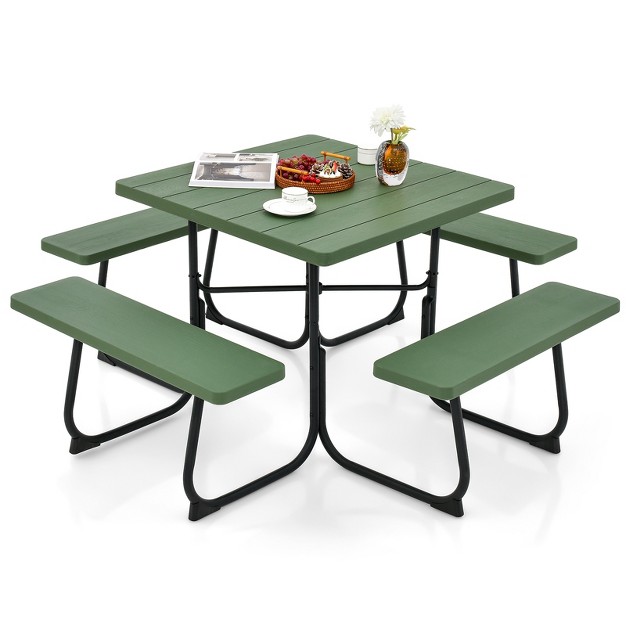 Tangkula 8 person Round Picnic Table Bench Set Outdoor Circular Picnic Table With 4 Benches amp Umbrella Hole 500 Lbs Capacity Black grey white green