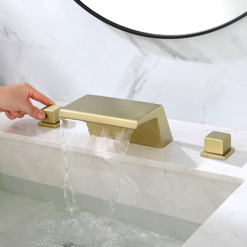 FLG 2-Handle Tub Deck-Mount Roman Tub Faucet 3-Holes Brass Waterfall Tub Filler in Brushed Gold SS-0159-BG