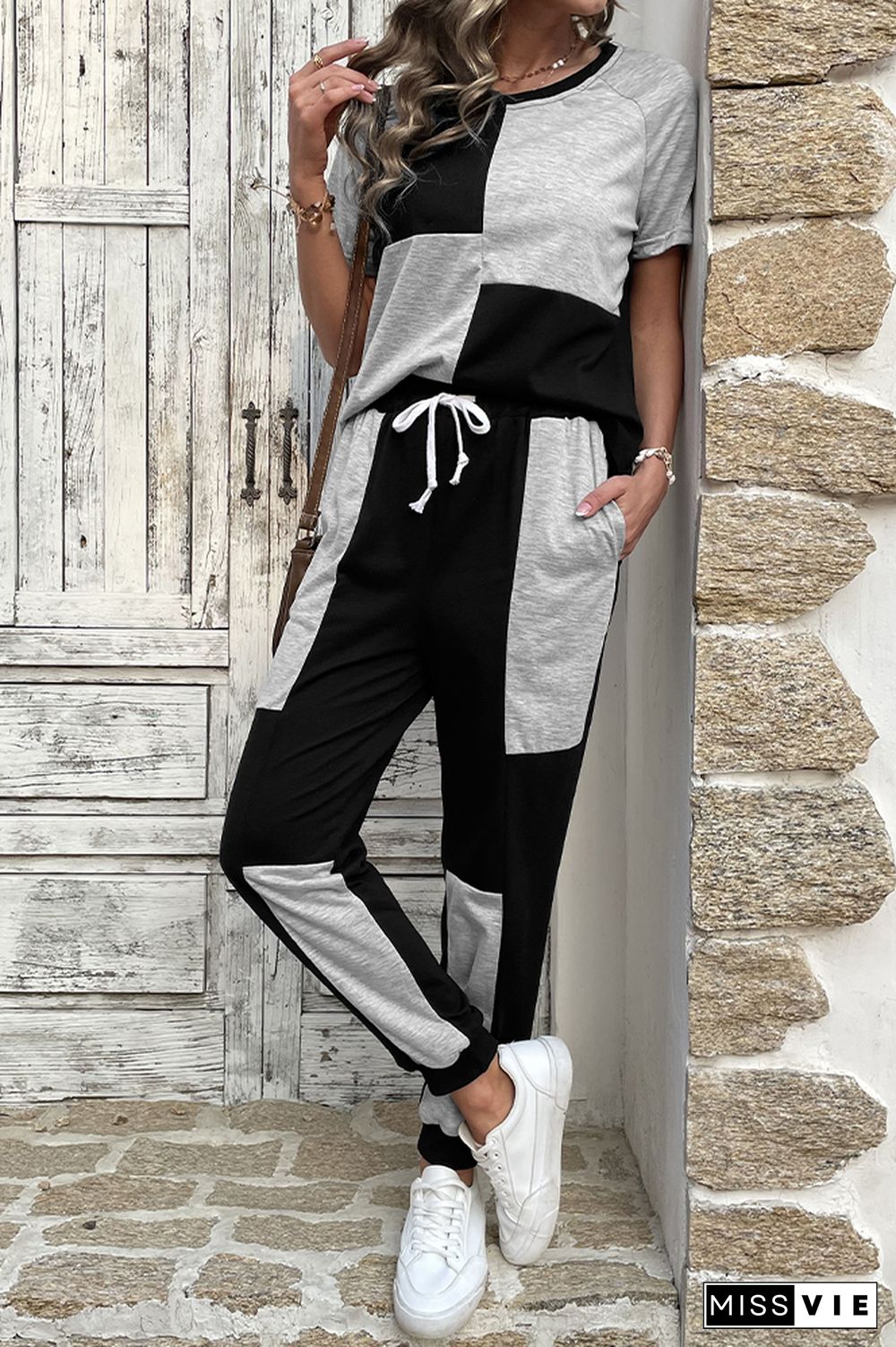 Black & Gray Patchwork Drawstring Top & Pants 2 Pcs Set Wholesale