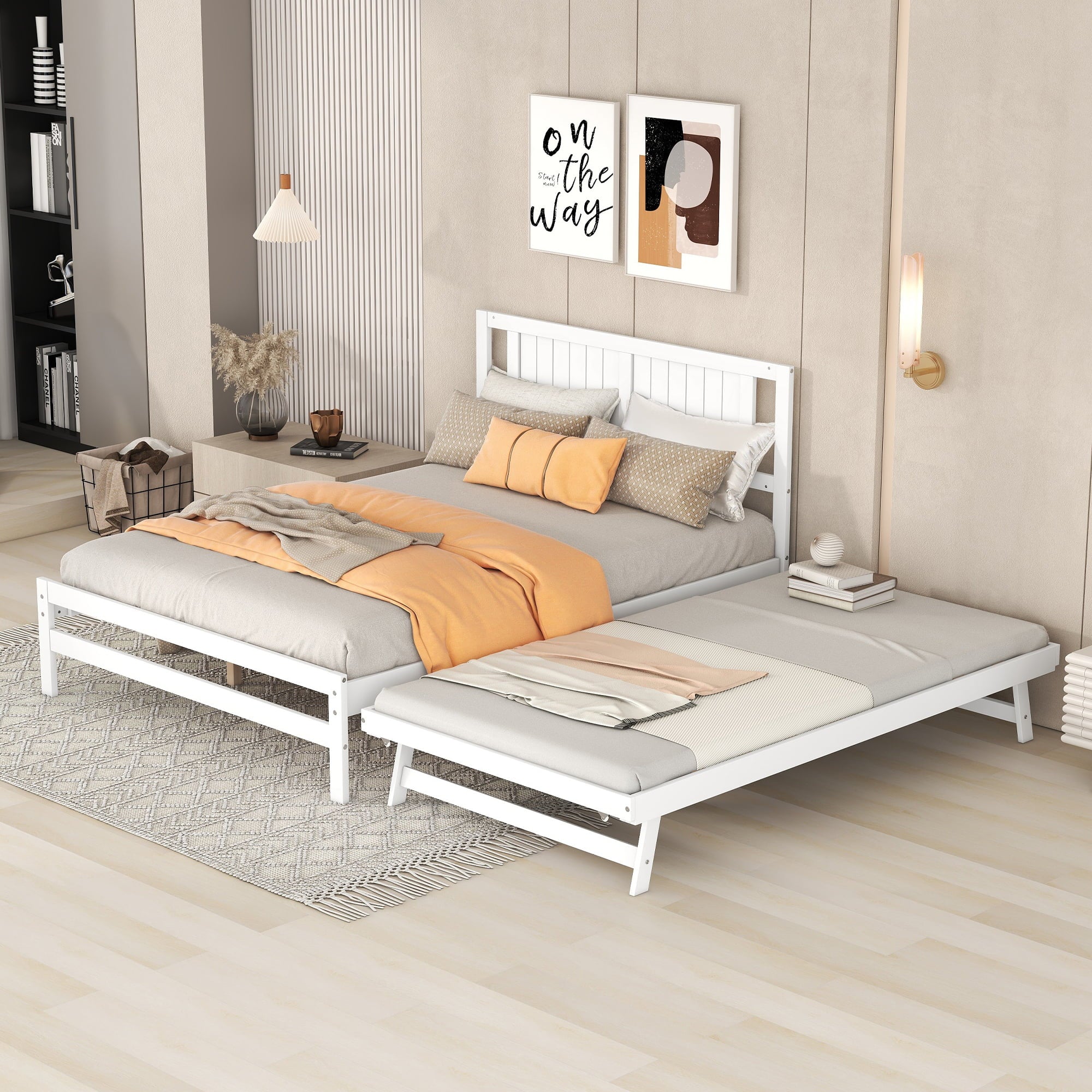 Platform Bed with Trundle Frame Set, Wooden Bed Frame with Headboard for Bedroom for Kids, White