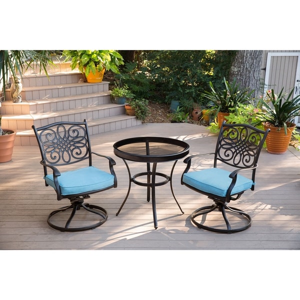 Hanover Traditions 3Piece Swivel Bistro Set in Blue with 30 in. Glasstop Table