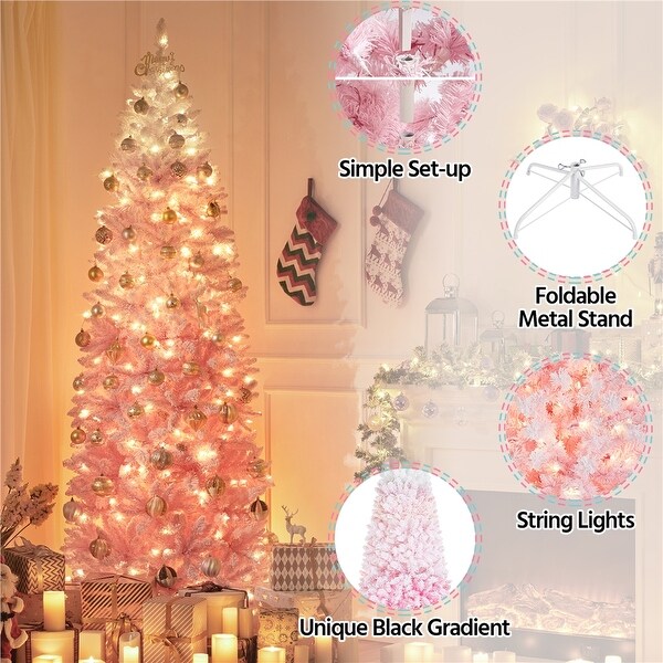 Yaheetech Prelit Flocked Pencil Artificial Christmas Tree Holiday Decoration Hinged Spruce