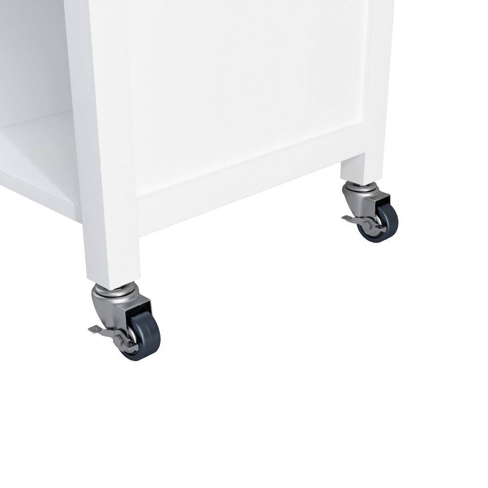 Whatseaso White Wood 39.37 in. W Kitchen Island with Double Doors Lockable-Wheels and Towel Rack FEB23081002KI