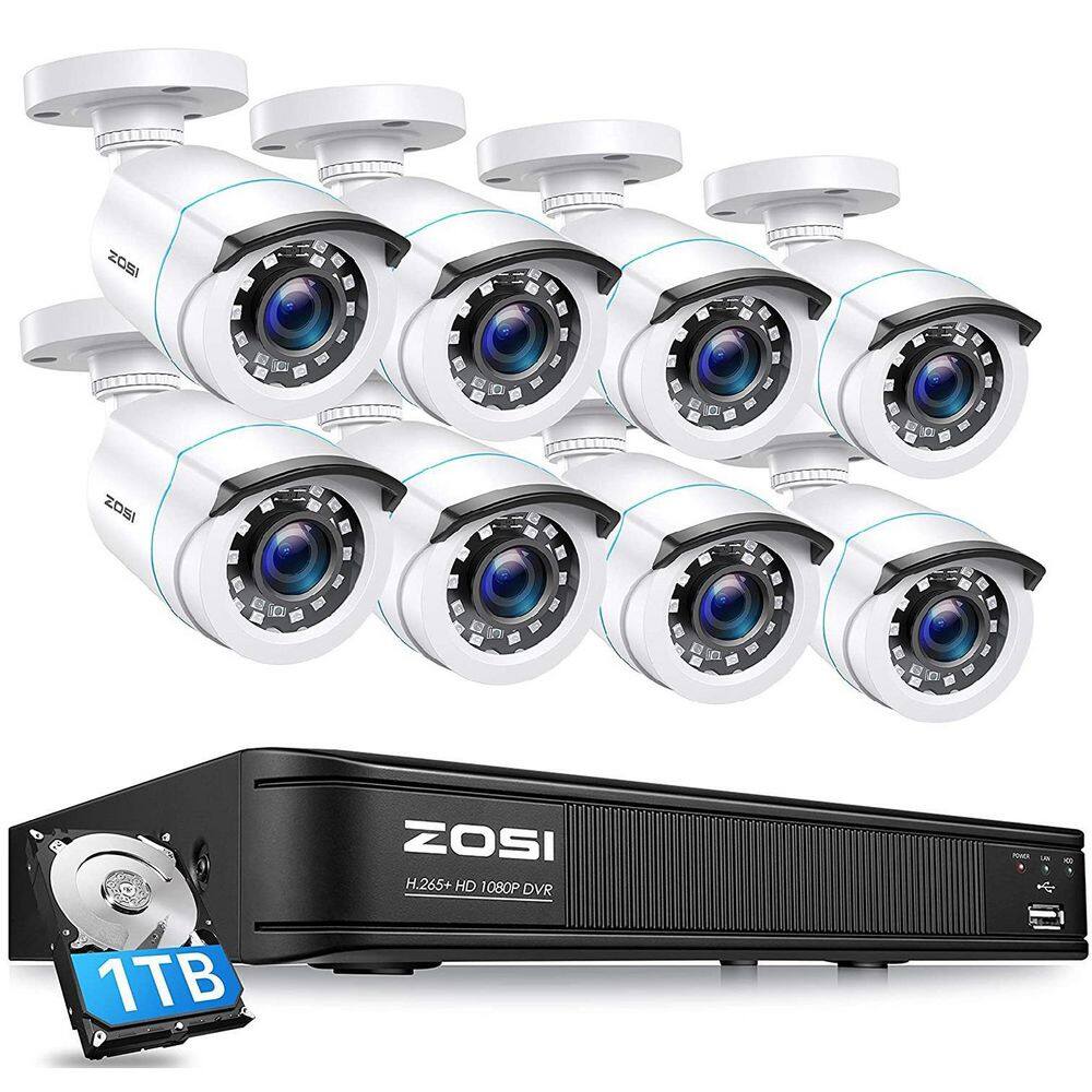 ZOSI H.265+ 8-Channel 5MP-LITE DVR 1TB Hard Drive Security Camera System with 8 1080P Wired Bullet Cameras Remote Access 8VM-106W8S-10