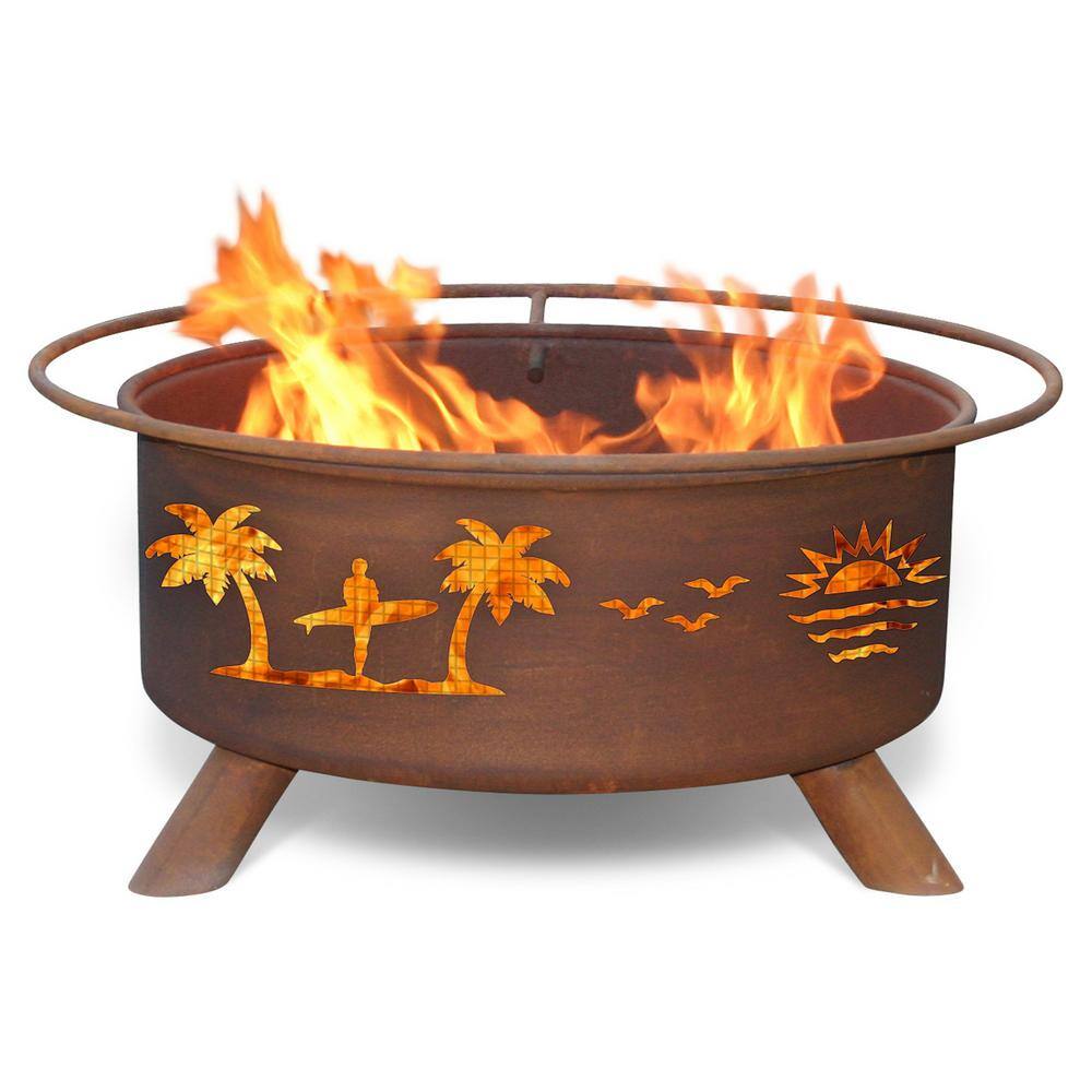 Pacific Coast 29 in. x 18 in. Round Steel Wood Burning Fire Pit in Rust with Grill Poker Spark Screen and Cover F117