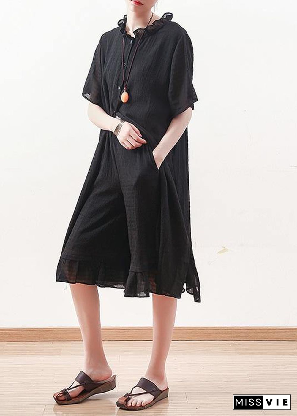 Style black Chiffon Shirts ruffles collar Knee summer Dresses