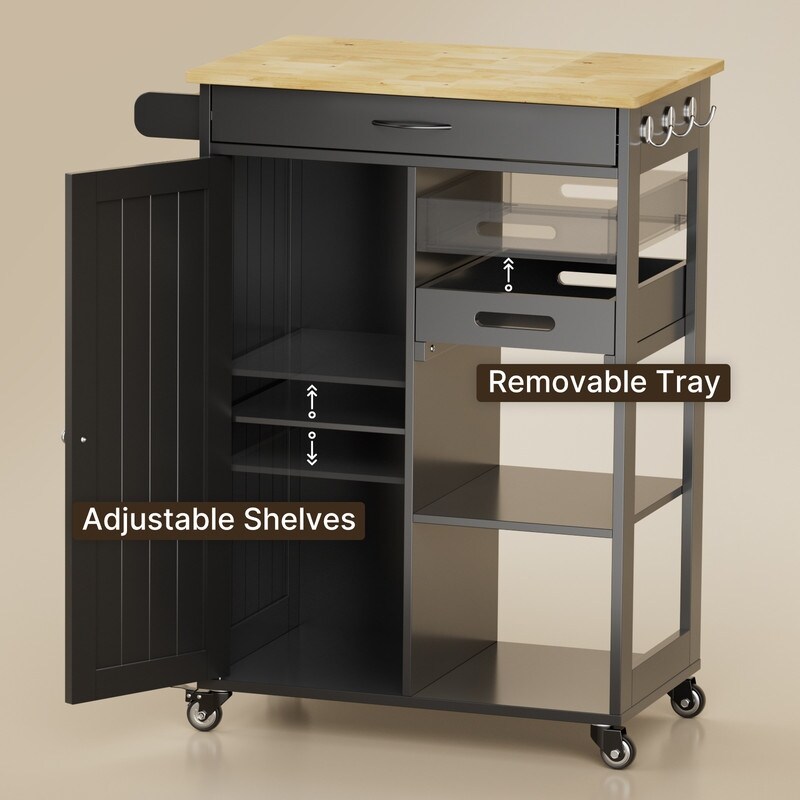 Kitchen Trolley Rolling Island Cart with 1 Drawer  Storage Cabinet and 3 Tier Storage Shelves