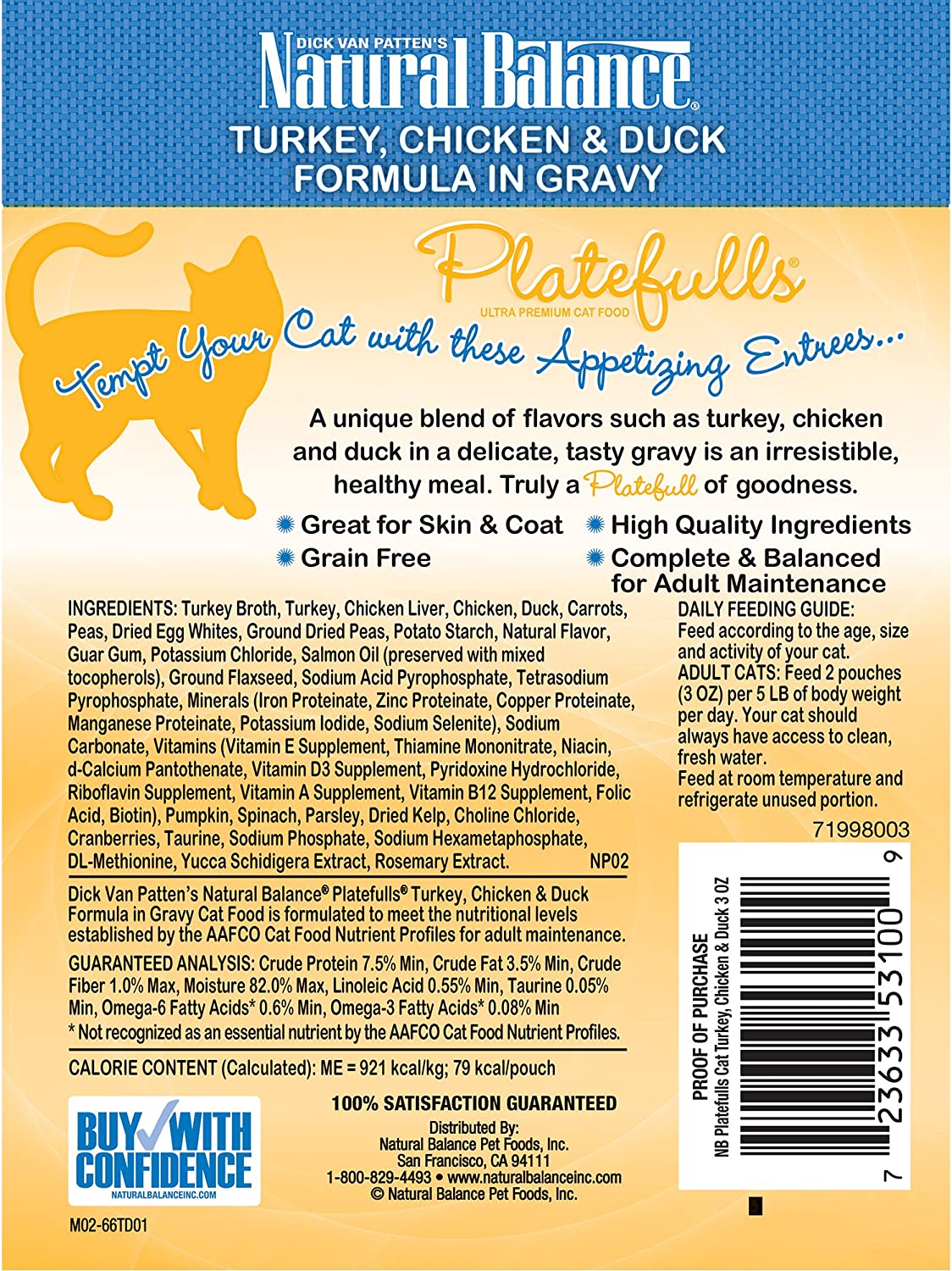 Natural Balance Platefulls Turkey， Chicken and Duck Formula in Gravy Grain-Free Cat Food Pouches 3-oz pouch case of 24