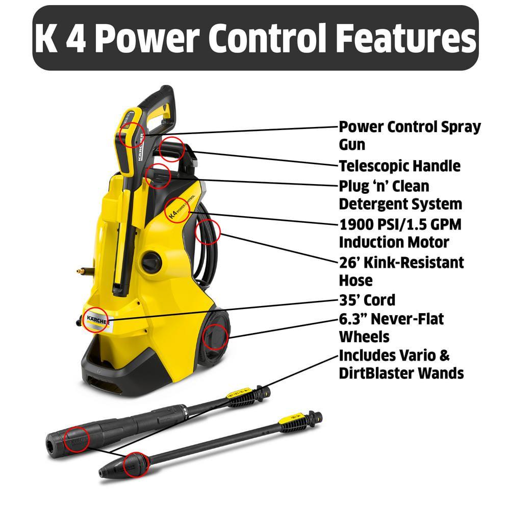 Karcher 1900 PSI 15 GPM K 4 Power Control Cold Water Electric Induction Pressure Washer Plus Vario and DirtBlaster Spray Wands