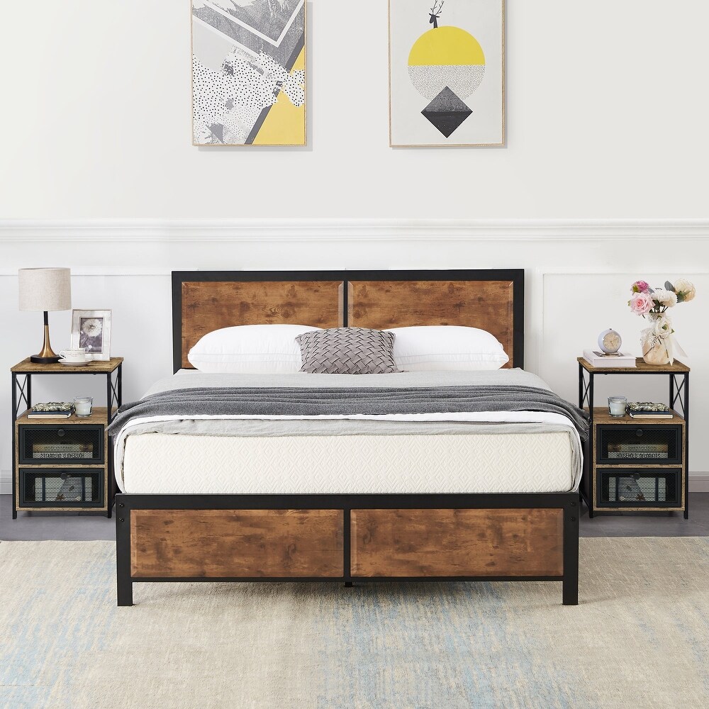 Taomika 3 pieces Bedroom Set Platform Bed and Nightstands Set of 2