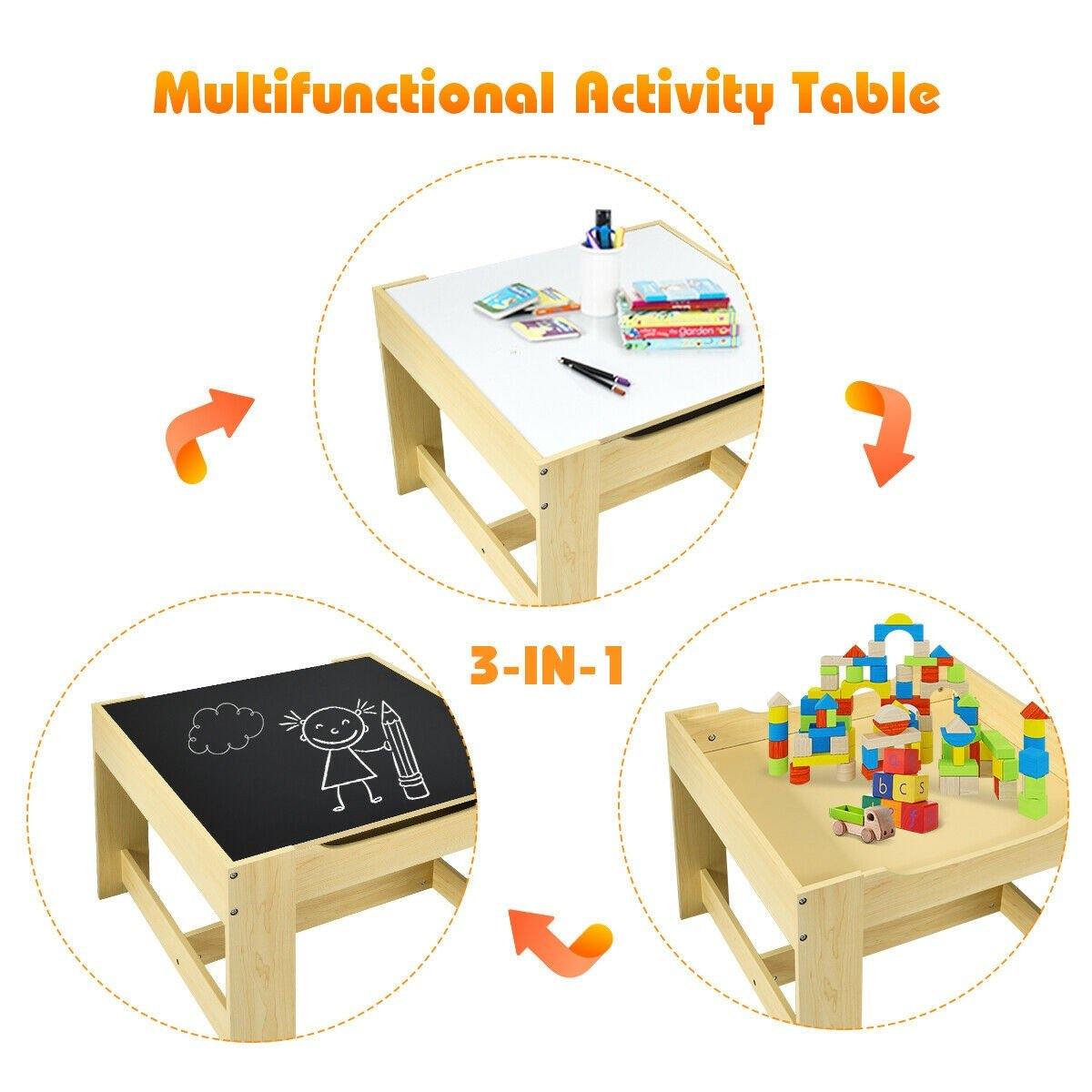 3 in 1 Kids Wood Table & 2 Chair Set | Children Activity Table Desk Sets